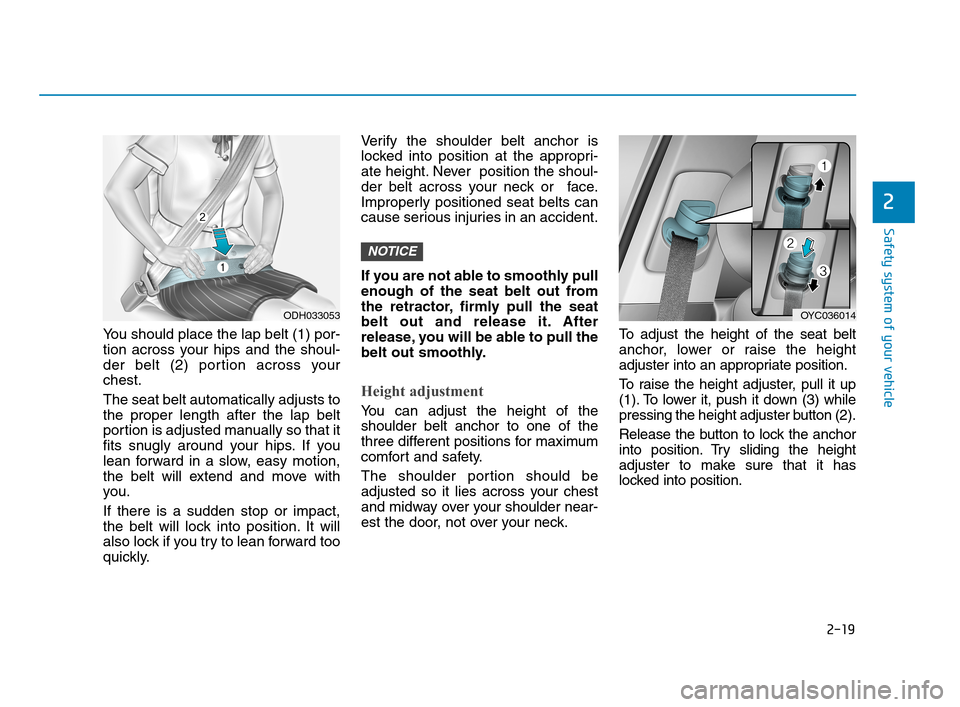 Hyundai Accent 2020 Service Manual 2-19
Safety system of your vehicle
2
You should place the lap belt (1) por-
tion across your hips and the shoul-
der belt (2) portion across your
chest.
The seat belt automatically adjusts to
the prop