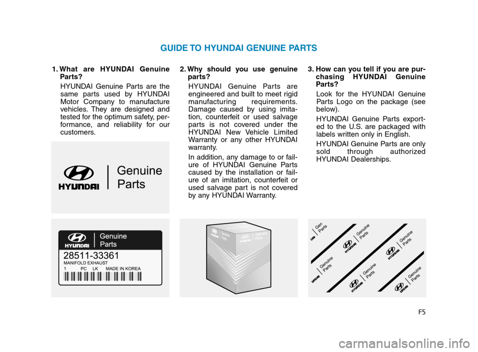 Hyundai Accent 2020  Owners Manual F5
1. What are HYUNDAI Genuine
Parts?
HYUNDAI Genuine Parts are the
same parts used by HYUNDAI
Motor Company to manufacture
vehicles. They are designed and
tested for the optimum safety, per-
formance