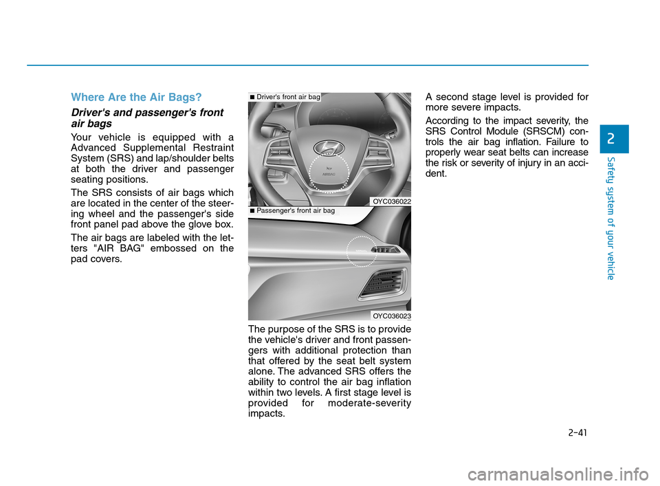 Hyundai Accent 2020 Owners Manual 2-41
Safety system of your vehicle
2
Where Are the Air Bags?
Drivers and passengers front
air bags
Your vehicle is equipped with a
Advanced Supplemental Restraint
System (SRS) and lap/shoulder bel Hyundai Accent 2020 Owners Manual 2-41
Safety system of your vehicle
2
Where Are the Air Bags?
Drivers and passengers front
air bags
Your vehicle is equipped with a
Advanced Supplemental Restraint
System (SRS) and lap/shoulder bel