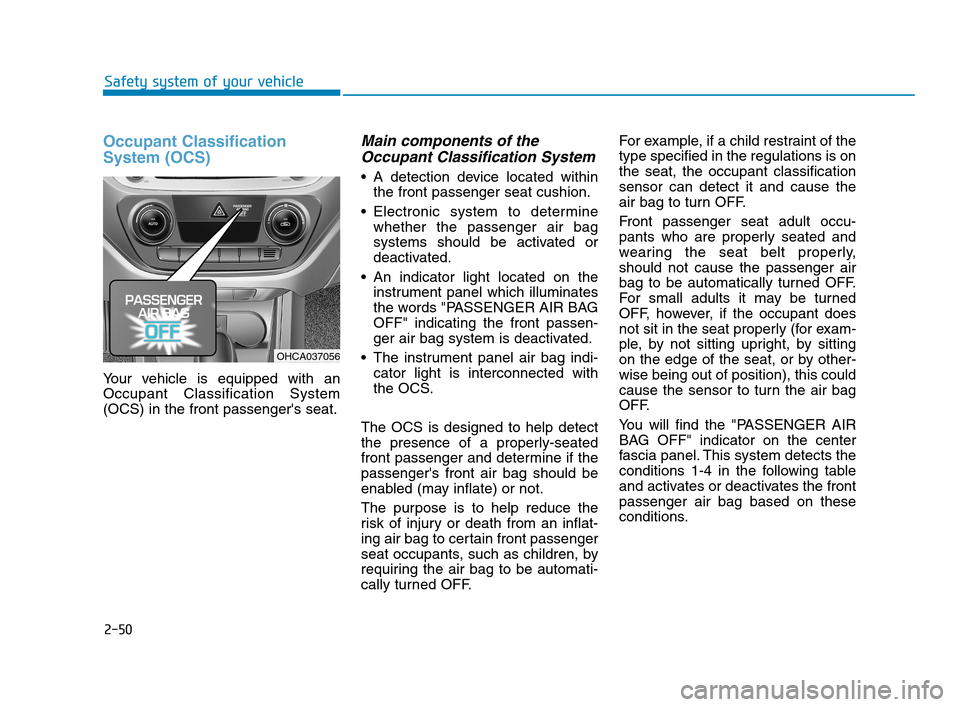 Hyundai Accent 2020 Manual PDF 2-50
Safety system of your vehicle
Occupant Classification
System (OCS)
Your vehicle is equipped with an
Occupant Classification System
(OCS) in the front passengers seat.
Main components of the
Occu