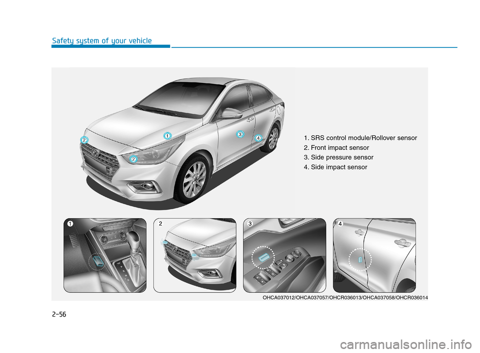 Hyundai Accent 2020 Manual Online 2-56
Safety system of your vehicle
1. SRS control module/Rollover sensor 
2. Front impact sensor
3. Side pressure sensor 
4. Side impact sensor 
OHCA037012/OHCA037057/OHCR036013/OHCA037058/OHCR036014
