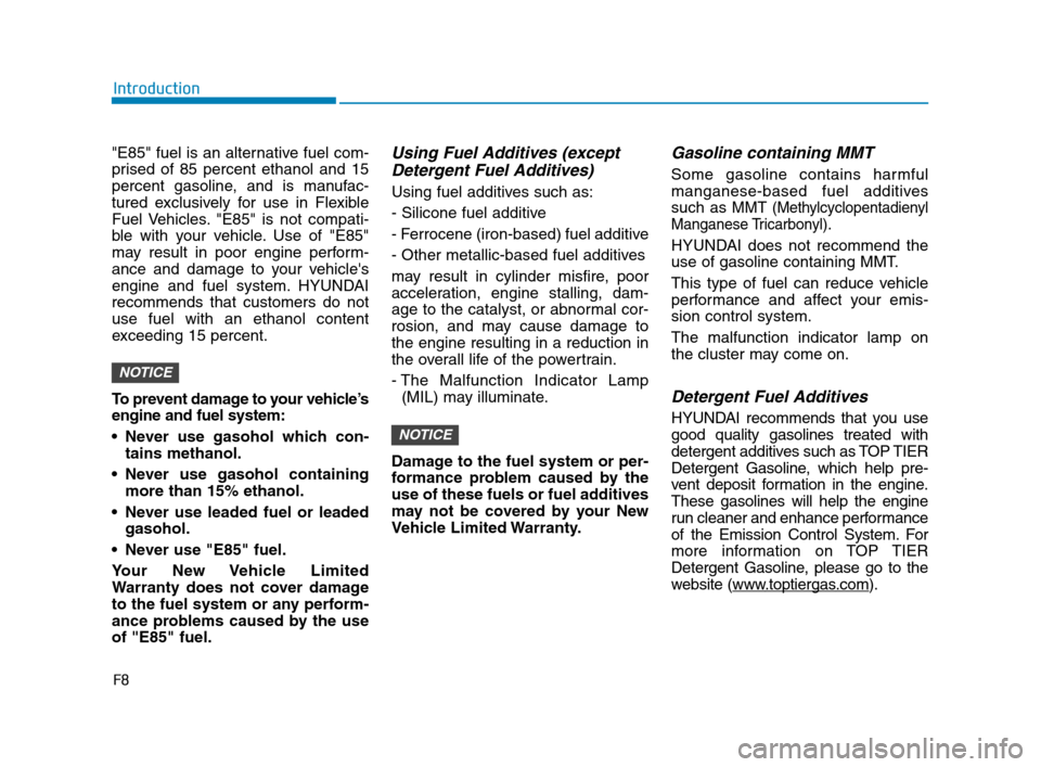 Hyundai Accent 2020  Owners Manual F8
Introduction
"E85" fuel is an alternative fuel com-
prised of 85 percent ethanol and 15
percent gasoline, and is manufac-
tured exclusively for use in Flexible
Fuel Vehicles. "E85" is not compati-
