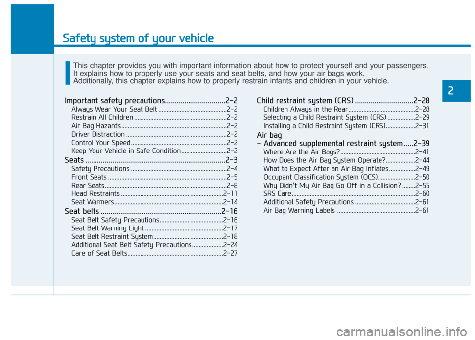 Hyundai Accent 2019  Owners Manual Safety system of your vehicle
Important safety precautions...............................2-2
Always Wear Your Seat Belt ..........................................2-2
Restrain All Children ............