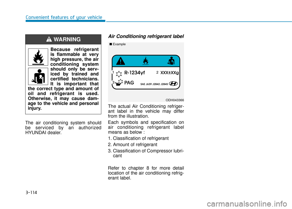 Hyundai Accent 2019 User Guide 3-114
Convenient features of your vehicle
The air conditioning system should
be serviced by an authorized
HYUNDAI dealer.
Air Conditioning refrigerant label
The actual Air Conditioning refriger-
ant l