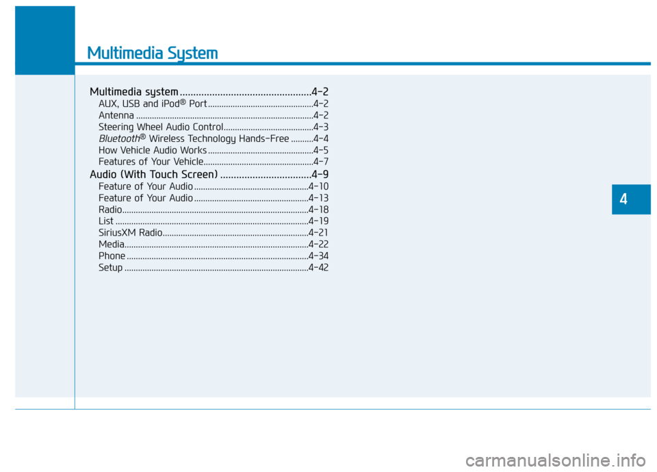Hyundai Accent 2019  Owners Manual Multimedia System
Multimedia system .................................................4-2
AUX, USB and iPod®Port ...............................................4-2
Antenna ............................