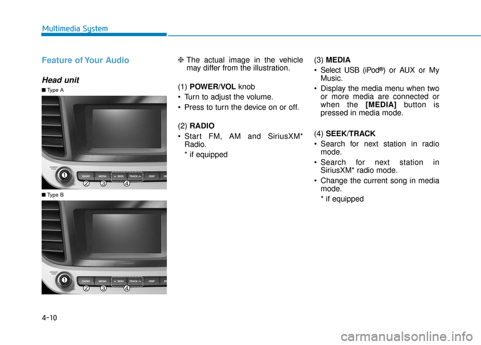 Hyundai Accent 2019  Owners Manual Feature of Your Audio
Head unit
❈The actual image in the vehicle
may differ from the illustration.
(1)  POWER/VOL  knob 
 Turn to adjust the volume.
 Press to turn the device on or off.
(2)  RADIO
 