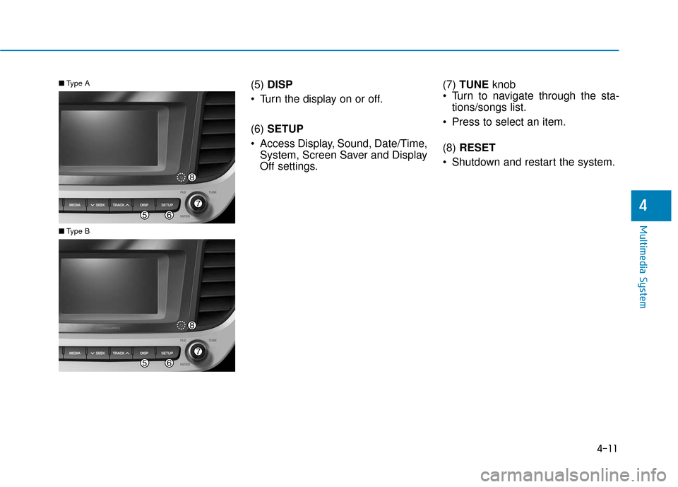 Hyundai Accent 2019  Owners Manual (5) DISP
 Turn the display on or off.
(6) SETUP
 Access Display, Sound, Date/Time, System, Screen Saver and Display
Off settings. (7) 
TUNE  knob 
 Turn to navigate through the sta- tions/songs list.
