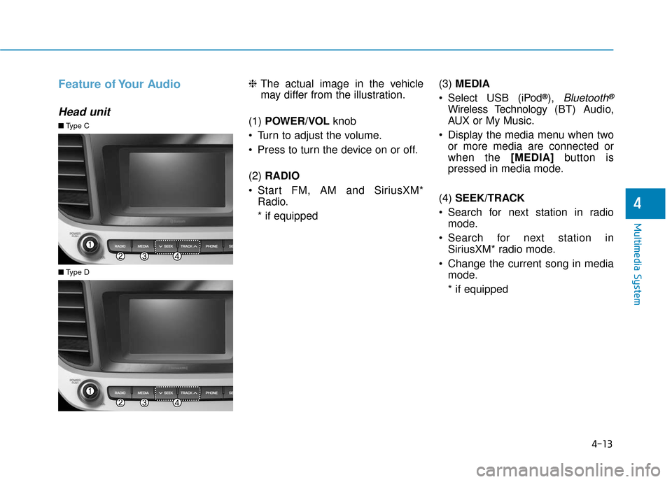 Hyundai Accent 2019  Owners Manual 4-13
Multimedia System
4
Feature of Your Audio
Head unit
❈The actual image in the vehicle
may differ from the illustration.
(1)  POWER/VOL  knob 
 Turn to adjust the volume.
 Press to turn the devic