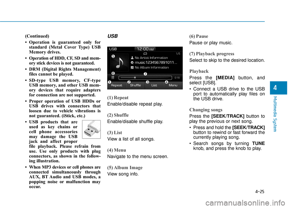 Hyundai Accent 2019  Owners Manual 4-25
Multimedia System
4
(Continued)
• Operation is guaranteed only forstandard (Metal Cover Type) USB
Memory drives.
• Operation of HDD, CF, SD and mem- ory stick devices is not guaranteed.
• D