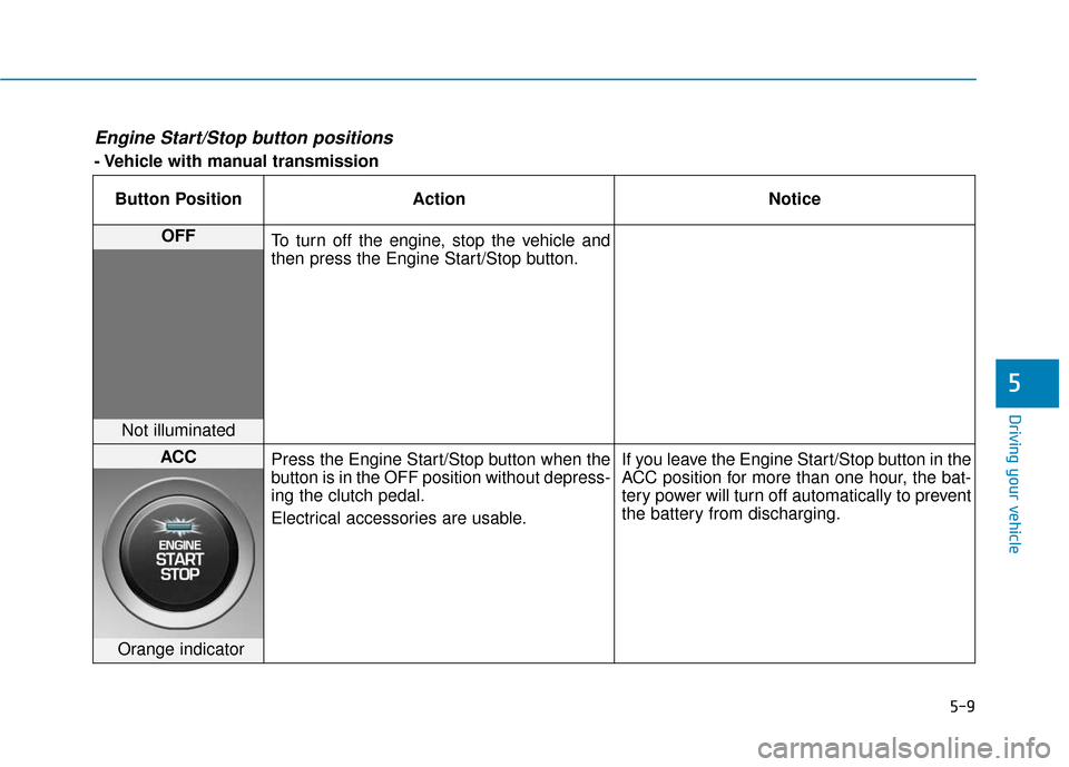 Hyundai Accent 2019  Owners Manual 5-9
Driving your vehicle
5
Engine Start/Stop button positions 
- Vehicle with manual transmissionButton Position Action Notice
OFF To turn off the engine, stop the vehicle and
then press the Engine St