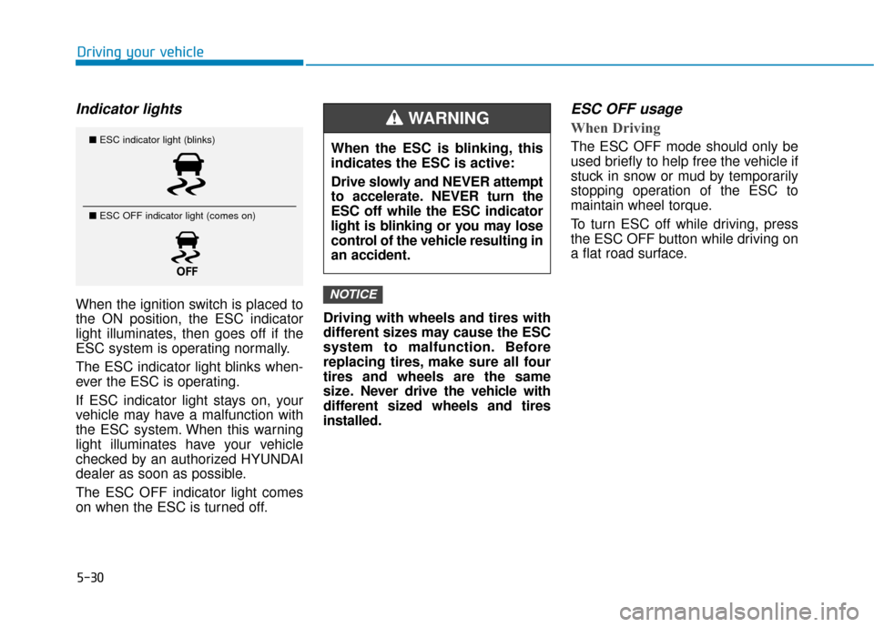 Hyundai Accent 2019  Owners Manual 5-30
Driving your vehicle
Indicator lights 
When the ignition switch is placed to
the ON position, the ESC indicator
light illuminates, then goes off if the
ESC system is operating normally.
The ESC i