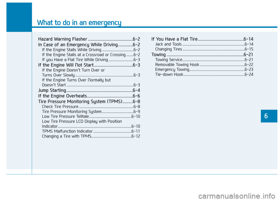 Hyundai Accent 2019  Owners Manual What to do in an emergency
6
Hazard Warning Flasher .......................................6-2
In Case of an Emergency While Driving.............6-2
If the Engine Stalls While Driving ................