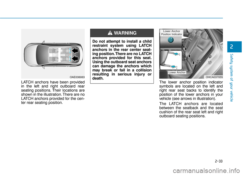 Hyundai Accent 2019 Service Manual 2-33
Safety system of your vehicle
2
LATCH anchors have been provided
in the left and right outboard rear
seating positions. Their locations are
shown in the illustration. There are no
LATCH anchors p