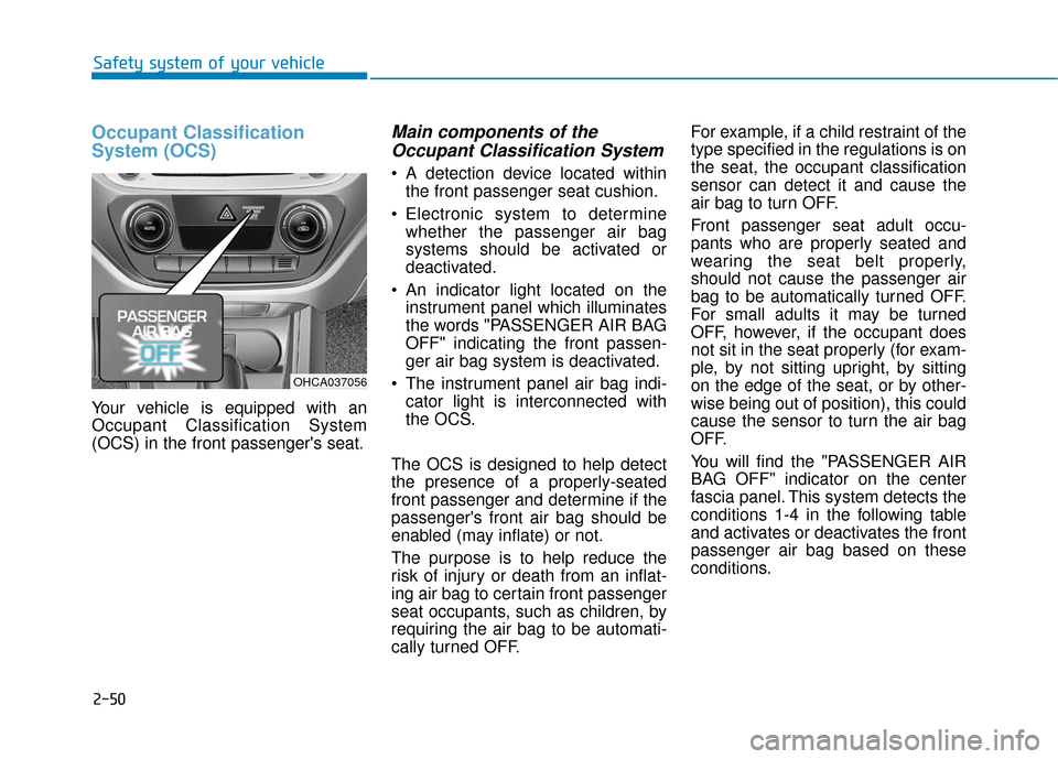 Hyundai Accent 2019  Owners Manual 2-50
Safety system of your vehicle
Occupant Classification
System (OCS)
Your vehicle is equipped with an
Occupant Classification System
(OCS) in the front passengers seat.
Main components of theOccup