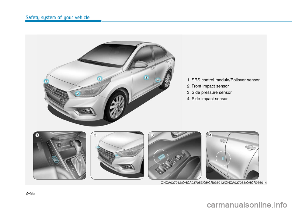 Hyundai Accent 2019  Owners Manual 2-56
Safety system of your vehicle
1. SRS control module/Rollover sensor 
2. Front impact sensor
3. Side pressure sensor 
4. Side impact sensor 
OHCA037012/OHCA037057/OHCR036013/OHCA037058/OHCR036014 