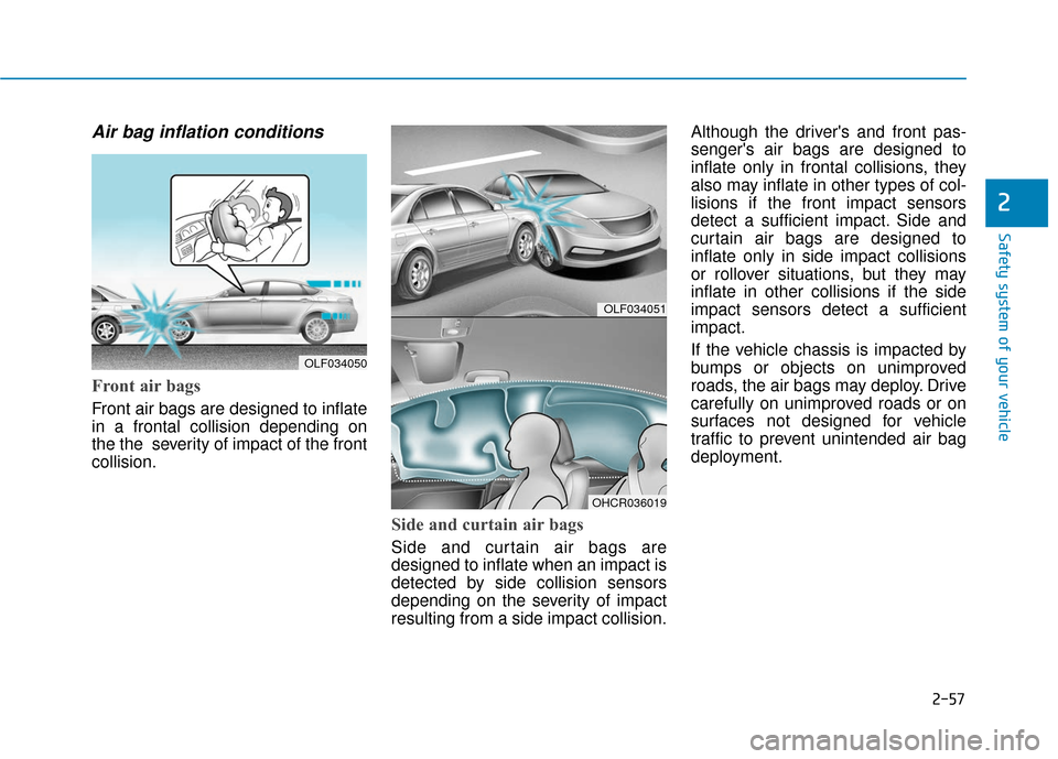 Hyundai Accent 2019  Owners Manual 2-57
Safety system of your vehicle
2
Air bag inflation conditions 
Front air bags 
Front air bags are designed to inflate
in a frontal collision depending on
the the  severity of impact of the front
c