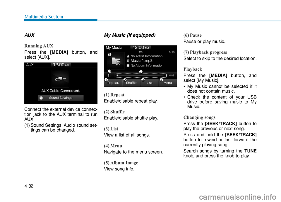 Hyundai Accent 2018  Owners Manual 4-32
Multimedia System
AUX
Running AUX
Press the [MEDIA]button, and
select [AUX].
Connect the external device connec-
tion jack to the AUX terminal to run
AUX.
(1) Sound Settings: Audio sound set- tin