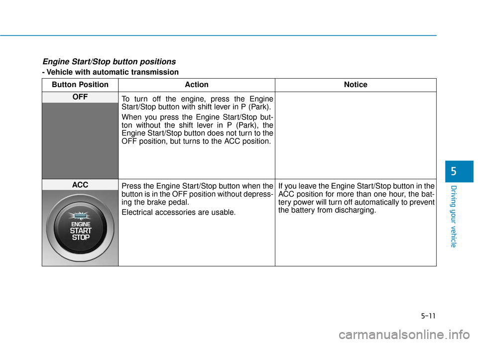 Hyundai Accent 2018 Owners Manual 5-11
Driving your vehicle
5
Engine Start/Stop button positions
- Vehicle with automatic transmissionButton Position Action Notice
OFF To turn off the engine, press the Engine
Start/Stop button with s Hyundai Accent 2018 Owners Manual 5-11
Driving your vehicle
5
Engine Start/Stop button positions
- Vehicle with automatic transmissionButton Position Action Notice
OFF To turn off the engine, press the Engine
Start/Stop button with s