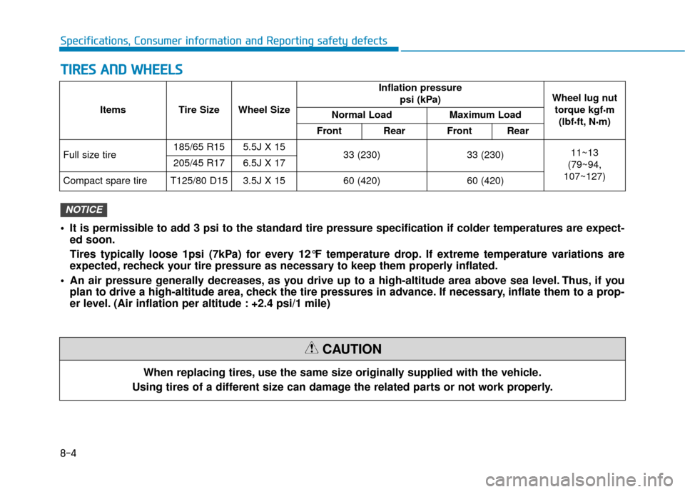 Hyundai Accent 2018 Owners Manual 8-4
Specifications, Consumer information and Reporting safety defects
T
TI
IR
R E
ES
S
A
A N
N D
D
W
W H
HE
EE
EL
LS
S
When replacing tires, use the same size originally supplied with the vehicle. Hyundai Accent 2018 Owners Manual 8-4
Specifications, Consumer information and Reporting safety defects
T
TI
IR
R E
ES
S
A
A N
N D
D
W
W H
HE
EE
EL
LS
S
When replacing tires, use the same size originally supplied with the vehicle.