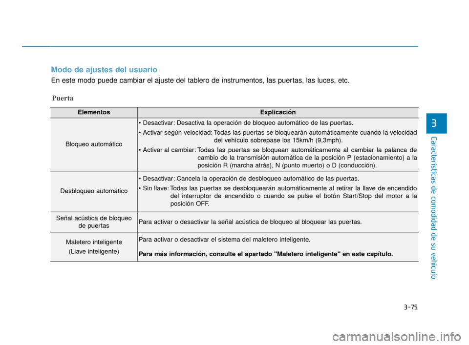 Hyundai Accent 2018 Manual del propietario (in Spanish) 3-75
Características de comodidad de su vehículo
3
Puerta
Modo de ajustes del usuario
En este modo puede cambiar el ajuste del tablero de instrumentos, las puertas, las luces, etc.
ElementosExplica Hyundai Accent 2018 Manual del propietario (in Spanish) 3-75
Características de comodidad de su vehículo
3
Puerta
Modo de ajustes del usuario
En este modo puede cambiar el ajuste del tablero de instrumentos, las puertas, las luces, etc.
ElementosExplica