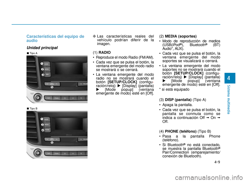 Hyundai Accent 2018  Manual del propietario (in Spanish) 4-9
Sistema multimedia
4
Características del equipo de
audio
Unidad principal
❈Las características reales del
vehículo podrían diferir de la
imagen.
(1)  RADIO
 Reproduce el modo Radio (FM/AM).
