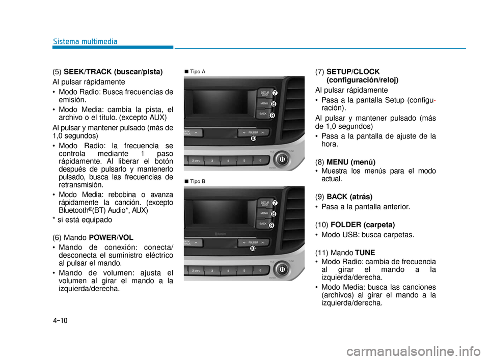 Hyundai Accent 2018 Manual del propietario (in Spanish) 4-10
Sistema multimedia
(5) SEEK/TRACK (buscar/pista)
Al pulsar rápidamente
Modo Radio: Busca frecuencias de emisión.
Modo Media: cambia la pista, el archivo o el título. (excepto AUX)
Al pulsar Hyundai Accent 2018 Manual del propietario (in Spanish) 4-10
Sistema multimedia
(5) SEEK/TRACK (buscar/pista)
Al pulsar rápidamente
Modo Radio: Busca frecuencias de emisión.
Modo Media: cambia la pista, el archivo o el título. (excepto AUX)
Al pulsar