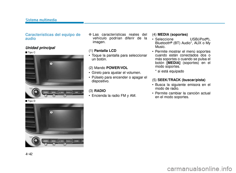 Hyundai Accent 2018  Manual del propietario (in Spanish) 4-42
Sistema multimedia
Características del equipo de
audio
Unidad principal
❈Las características reales del
vehículo podrían diferir de la
imagen.
(1)  Pantalla LCD
 Toque la pantalla para sele