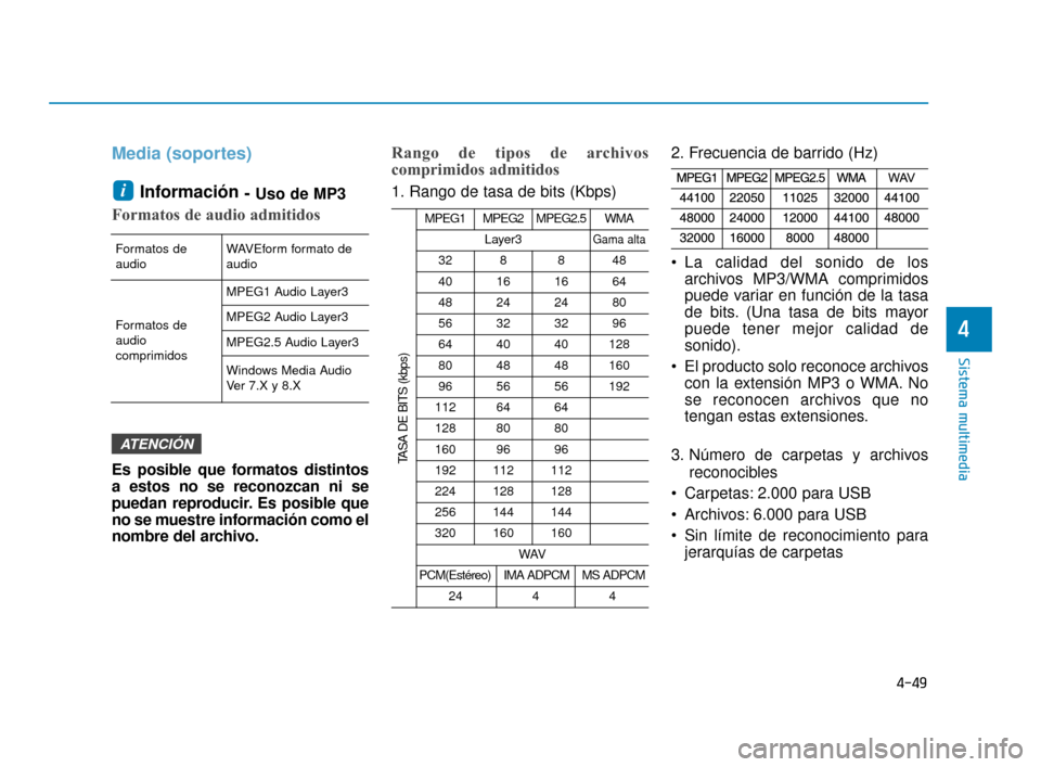 Hyundai Accent 2018  Manual del propietario (in Spanish) 4-49
Sistema multimedia
4
Media (soportes)Información  -
Uso de MP3
Formatos de audio admitidos
Es posible que formatos distintos
a estos no se reconozcan ni se
puedan reproducir. Es posible que
no s