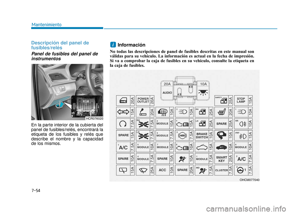 Hyundai Accent 2018  Manual del propietario (in Spanish) 7-54
Mantenimiento
Descripción del panel de
fusibles/relés
Panel de fusibles del panel deinstrumentos      
En la parte interior de la cubierta del
panel de fusibles/relés, encontrará la
etiqueta 