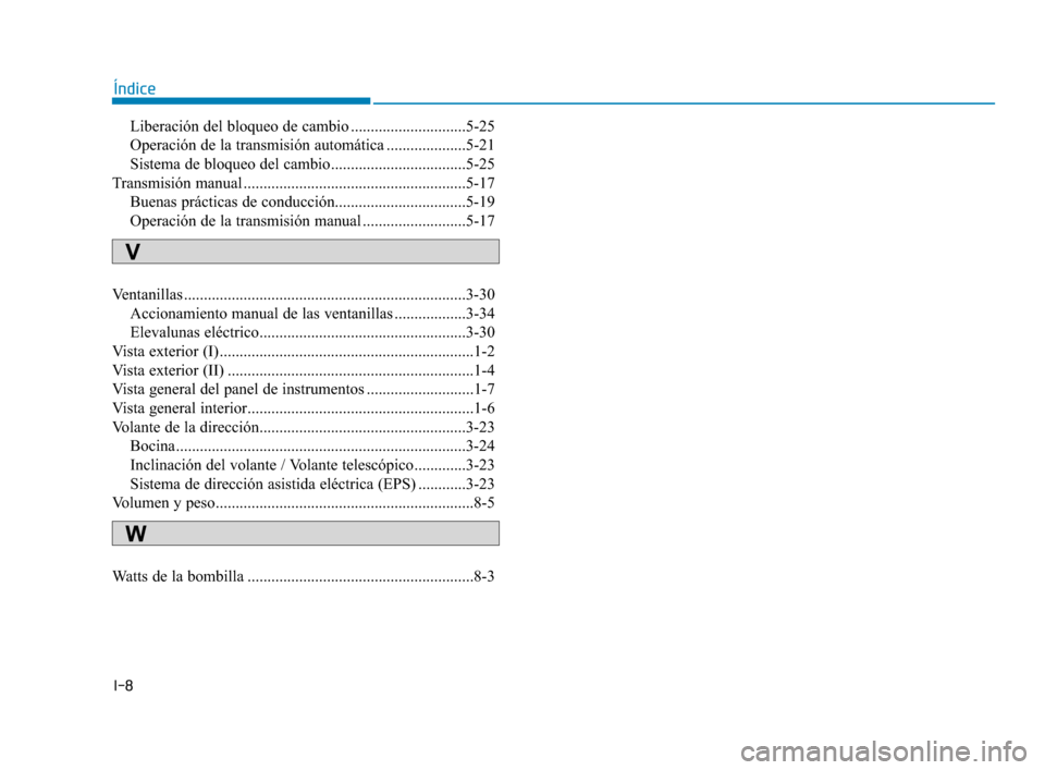 Hyundai Accent 2018  Manual del propietario (in Spanish) I-8
Liberación del bloqueo de cambio .............................5-25
Operación de la transmisión automática ....................5-21
Sistema de bloqueo del cambio................................