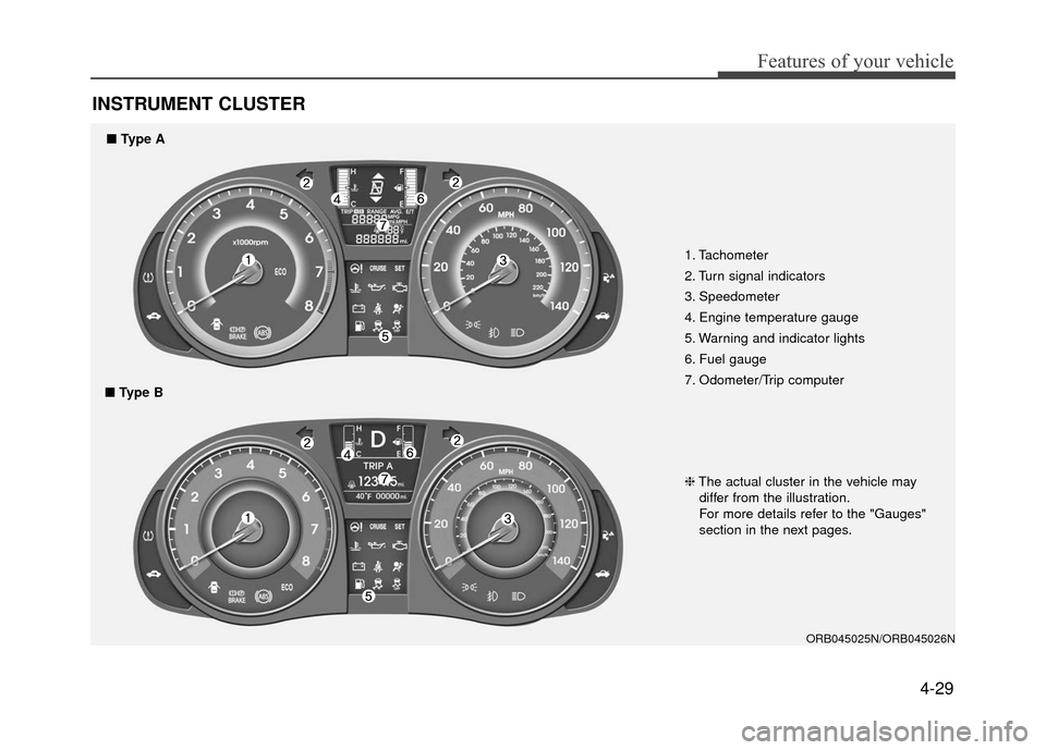 Hyundai Accent 2017 Owners Manual 4-29
Features of your vehicle
INSTRUMENT CLUSTER
1. Tachometer
2. Turn signal indicators
3. Speedometer
4. Engine temperature gauge
5. Warning and indicator lights
6. Fuel gauge
7. Odometer/Trip comp Hyundai Accent 2017 Owners Manual 4-29
Features of your vehicle
INSTRUMENT CLUSTER
1. Tachometer
2. Turn signal indicators
3. Speedometer
4. Engine temperature gauge
5. Warning and indicator lights
6. Fuel gauge
7. Odometer/Trip comp