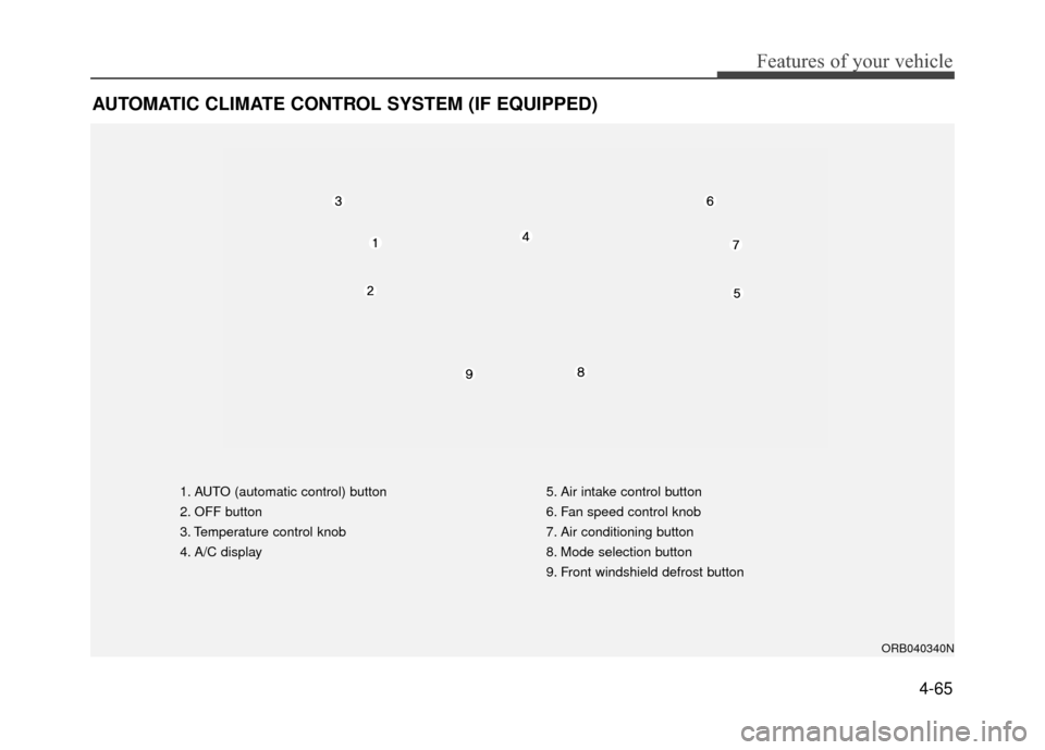 Hyundai Accent 2017  Owners Manual 4-65
Features of your vehicle
AUTOMATIC CLIMATE CONTROL SYSTEM (IF EQUIPPED)
1. AUTO (automatic control) button
2. OFF button
3. Temperature control knob
4. A/C display5. Air intake control button
6. 