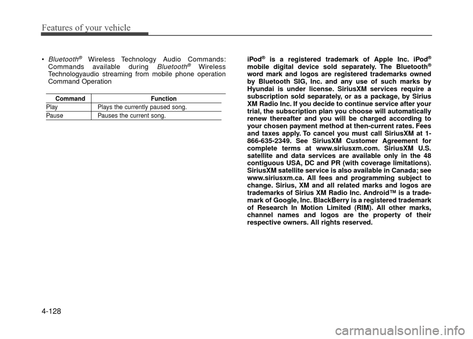 Hyundai Accent 2017  Owners Manual Features of your vehicle
4-128
Bluetooth®Wireless Technology Audio Commands:
Commands available during Bluetooth®Wireless
Technologyaudio streaming from mobile phone operation
Command Operation
Comm