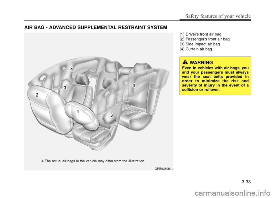 Hyundai Accent 2017 Service Manual 3-33
Safety features of your vehicle
(1) Driver’s front air bag
(2) Passenger’s front air bag
(3) Side impact air bag
(4) Curtain air bag
AIR BAG - ADVANCED SUPPLEMENTAL RESTRAINT SYSTEM
WARNING Hyundai Accent 2017 Service Manual 3-33
Safety features of your vehicle
(1) Driver’s front air bag
(2) Passenger’s front air bag
(3) Side impact air bag
(4) Curtain air bag
AIR BAG - ADVANCED SUPPLEMENTAL RESTRAINT SYSTEM
WARNING