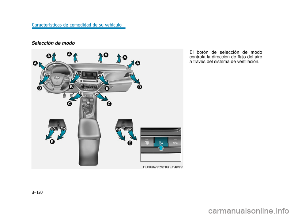 Hyundai Accent 2017 Manual del propietario (in Spanish) 3-120
Características de comodidad de su vehículo
Selección de modo
El botón de selección de modo
controla la dirección de flujo del aire
a través del sistema de ventilación.
OHCR046370/OHCR04 Hyundai Accent 2017 Manual del propietario (in Spanish) 3-120
Características de comodidad de su vehículo
Selección de modo
El botón de selección de modo
controla la dirección de flujo del aire
a través del sistema de ventilación.
OHCR046370/OHCR04