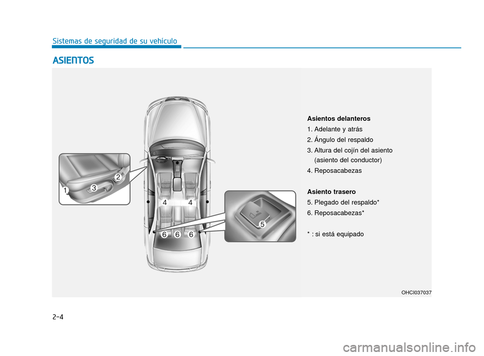 Hyundai Accent 2017  Manual del propietario (in Spanish) 2-4
A
AS
SI
IE
E N
N T
TO
O S
S
Sistemas de seguridad de su vehículo
OHCI037037
Asientos delanteros
1. Adelante y atrás
2. Ángulo del respaldo
3. Altura del cojín del asiento 
(asiento del conduct