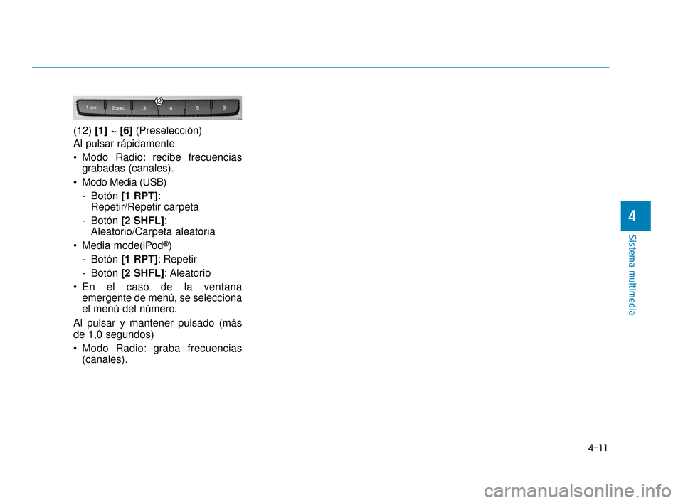 Hyundai Accent 2017  Manual del propietario (in Spanish) 4-11
Sistema multimedia
4
(12) [1] ~ [6] (Preselección)
Al pulsar rápidamente
 Modo Radio: recibe frecuencias grabadas (canales).
 Modo Media (USB) - Botón  [1 RPT]:
Repetir/Repetir carpeta
- Botó