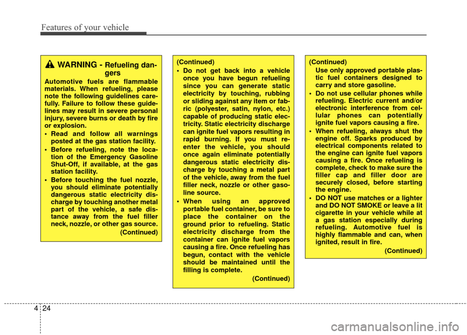 Hyundai Accent 2016  Owners Manual Features of your vehicle
24
4
(Continued)
Use only approved portable plas-
tic fuel containers designed to
carry and store gasoline.
 Do not use cellular phones while refueling. Electric current and/o