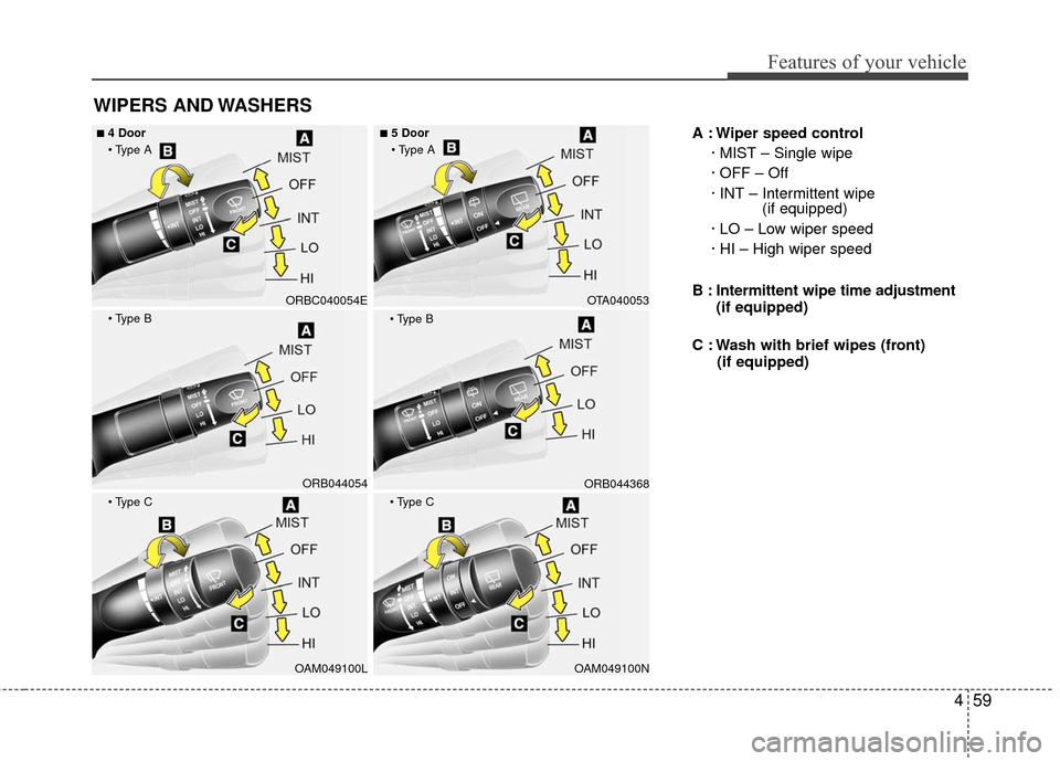 Hyundai Accent 2016  Owners Manual 459
Features of your vehicle
WIPERS AND WASHERS
A : Wiper speed control· MIST – Single wipe
· OFF – Off
· INT – Intermittent wipe  (if equipped)
· LO – Low wiper speed
· HI – High wiper