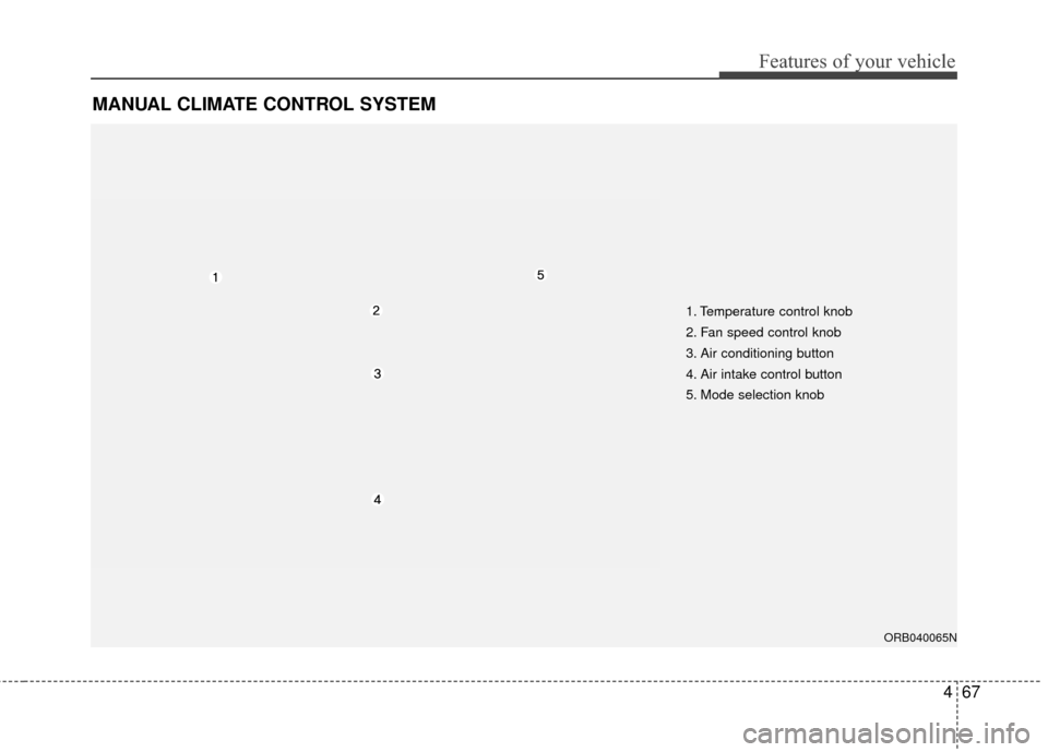 Hyundai Accent 2016  Owners Manual 467
Features of your vehicle
MANUAL CLIMATE CONTROL SYSTEM
1. Temperature control knob
2. Fan speed control knob
3. Air conditioning button
4. Air intake control button
5. Mode selection knob
ORB04006