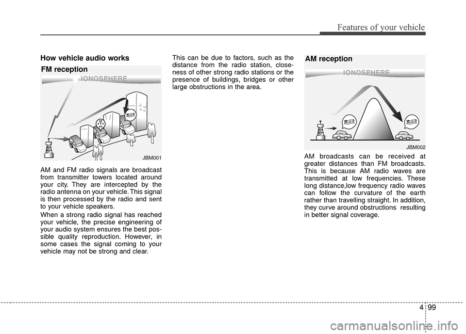 Hyundai Accent 2016  Owners Manual 499
Features of your vehicle
How vehicle audio works
AM and FM radio signals are broadcast
from transmitter towers located around
your city. They are intercepted by the
radio antenna on your vehicle. 