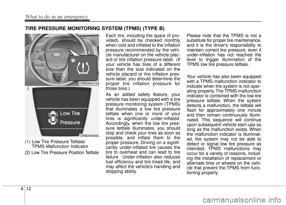 Hyundai Accent 2016 User Guide What to do in an emergency
12
6
TIRE PRESSURE MONITORING SYSTEM (TPMS) (TYPE B)
(1) Low Tire Pressure Telltale/
TPMS Malfunction Indicator
(2) Low Tire Pressure Position Telltale Each tire, including 