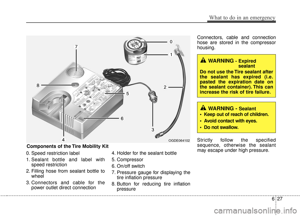 Hyundai Accent 2016  Owners Manual 627
What to do in an emergency
0. Speed restriction label
1. Sealant bottle and label withspeed restriction
2. Filling hose from sealant bottle to wheel
3. Connectors and cable for the power outlet di