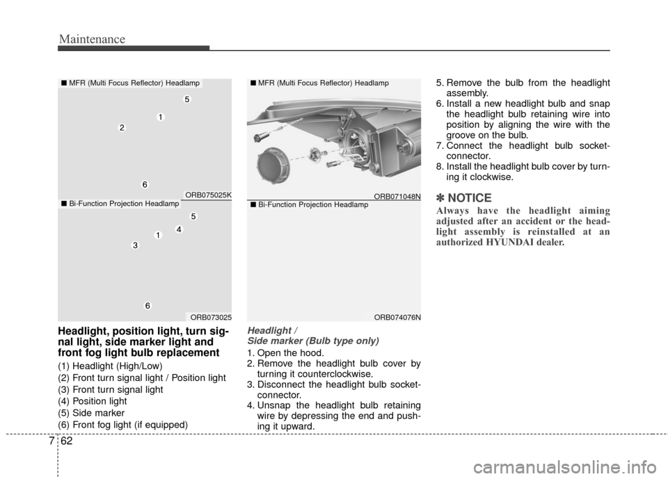 Hyundai Accent 2016  Owners Manual Maintenance
62
7
Headlight, position light, turn sig-
nal light, side marker light and
front fog light bulb replacement
(1) Headlight (High/Low)
(2) Front turn signal light / Position light
(3) Front 