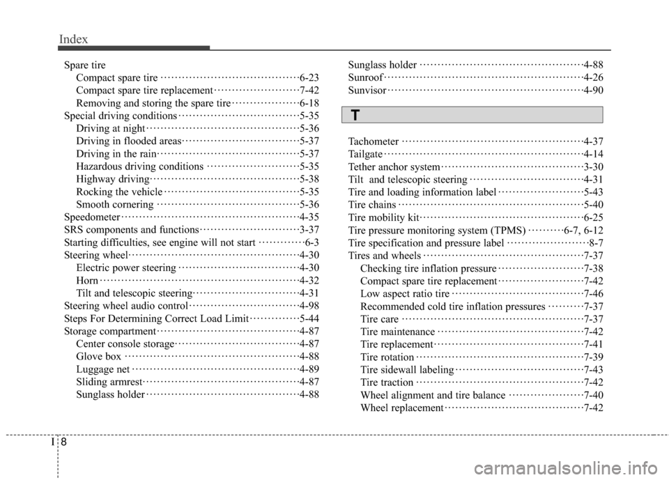Hyundai Accent 2016 Owners Manual Index
8I
Spare tireCompact spare tire ··················\
··················\
·· ·6-23
Compact spare tire replacement ··················\
··�