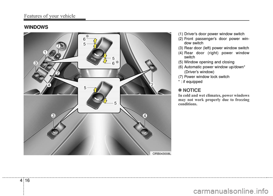 Hyundai Accent 2016 Owners Manual Features of your vehicle
16
4
(1) Driver’s door power window switch
(2) Front passenger’s door power win-
dow switch
(3) Rear door (left) power window switch
(4)  Rear door (right) power window
sw