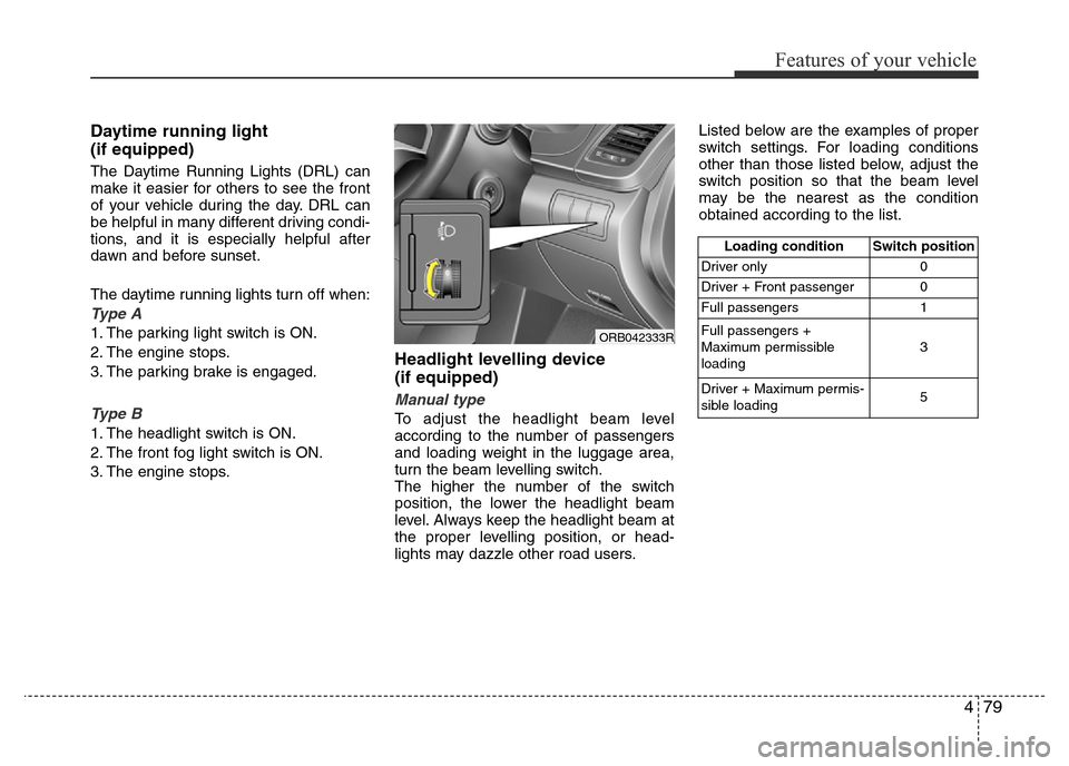 Hyundai Accent 2016 Owners Manual - RHD (UK. Australia) 479
Features of your vehicle
Daytime running light
(if equipped)
The Daytime Running Lights (DRL) can
make it easier for others to see the front
of your vehicle during the day. DRL can
be helpful in Hyundai Accent 2016 Owners Manual - RHD (UK. Australia) 479
Features of your vehicle
Daytime running light
(if equipped)
The Daytime Running Lights (DRL) can
make it easier for others to see the front
of your vehicle during the day. DRL can
be helpful in