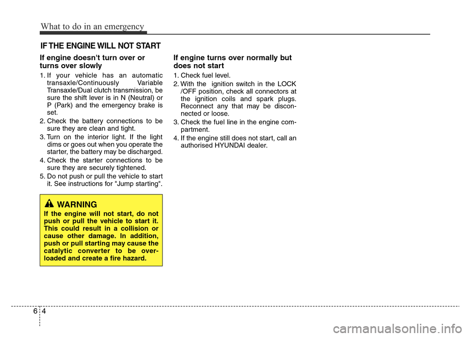 Hyundai Accent 2016  Owners Manual - RHD (UK. Australia) What to do in an emergency
4 6
IF THE ENGINE WILL NOT START
If engine doesnt turn over or
turns over slowly
1. If your vehicle has an automatic
transaxle/Continuously Variable
Transaxle/Dual clutch t