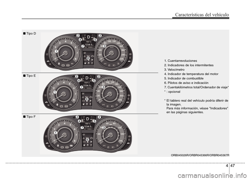Hyundai Accent 2016 Manual del propietario (i25) (in Spanish) 447
Características del vehículo
1. Cuentarrevoluciones
2. Indicadores de los intermitentes
3. Velocímetro
4. Indicador de temperatura del motor
5. Indicador de combustible
6. Pilotos de aviso e in Hyundai Accent 2016 Manual del propietario (i25) (in Spanish) 447
Características del vehículo
1. Cuentarrevoluciones
2. Indicadores de los intermitentes
3. Velocímetro
4. Indicador de temperatura del motor
5. Indicador de combustible
6. Pilotos de aviso e in