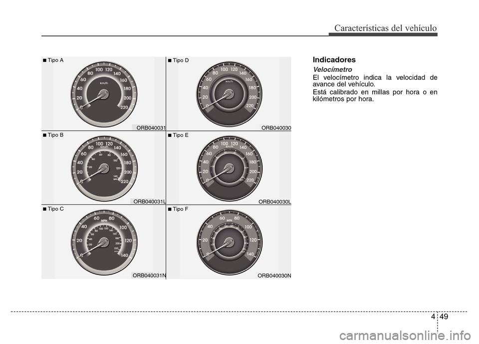 Hyundai Accent 2016 Manual del propietario (i25) (in Spanish) 449
Características del vehículo
Indicadores
Velocímetro
El velocímetro indica la velocidad de
avance del vehículo.
Está calibrado en millas por hora o en
kilómetros por hora.
ORB040030N
■Tip Hyundai Accent 2016 Manual del propietario (i25) (in Spanish) 449
Características del vehículo
Indicadores
Velocímetro
El velocímetro indica la velocidad de
avance del vehículo.
Está calibrado en millas por hora o en
kilómetros por hora.
ORB040030N
■Tip